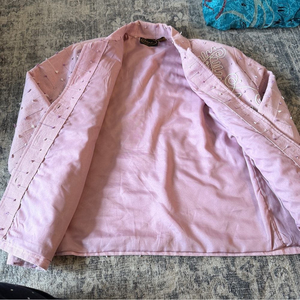 Vintage 90s Cottagecore Alex Kim Embroidered Pink Artisan Floral Jacket Large - Picture 4 of 8